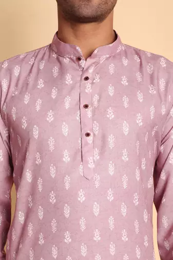 Pink Botanical damask digital print knee length kurta mandarin collar mandarin collar peach small for Men