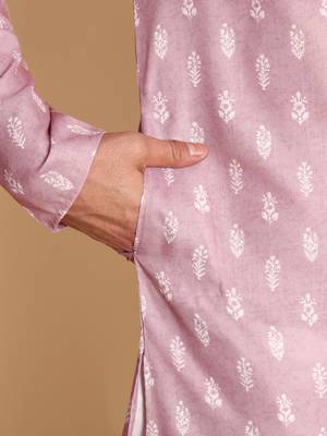 Pink Botanical damask digital print knee length kurta mandarin collar mandarin collar peach small for Men 4