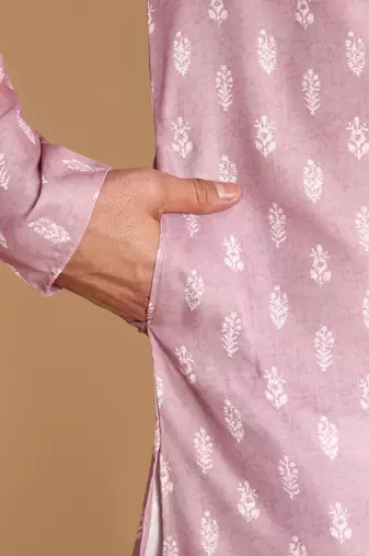 Pink Botanical damask digital print knee length kurta mandarin collar mandarin collar peach small for Men