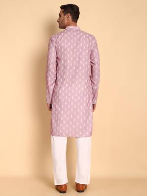 Pink Botanical damask digital print knee length kurta mandarin collar mandarin collar peach small for Men 5