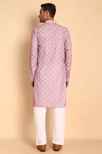 Pink Botanical damask digital print knee length kurta mandarin collar mandarin collar peach small for Men