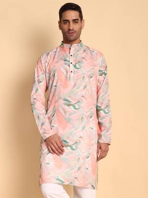 Impressionist digital print knee length kurta mandarin collar mandarin collar peach small 1