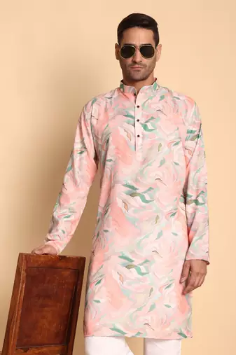 Impressionist digital print knee length kurta mandarin collar mandarin collar peach small