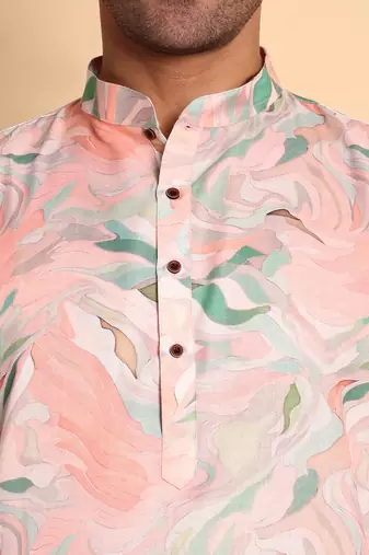 Impressionist digital print knee length kurta mandarin collar mandarin collar peach small