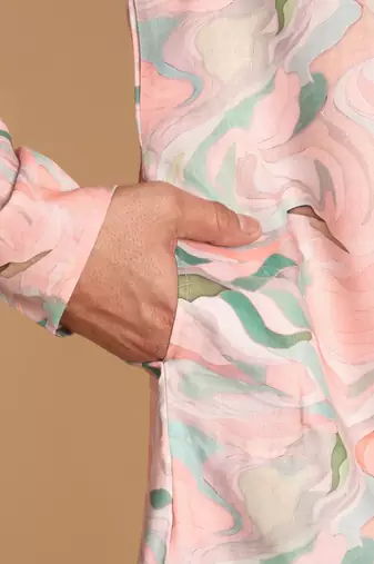 Impressionist digital print knee length kurta mandarin collar mandarin collar peach small