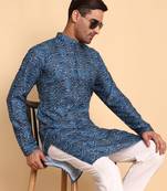 Greek fret digital print knee length kurta mandarin collar mandarin collar cream  small