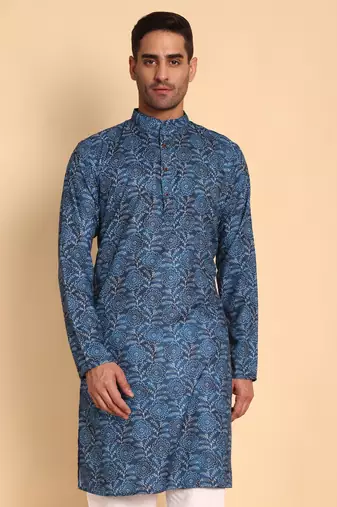 Greek fret digital print knee length kurta mandarin collar mandarin collar cream  small