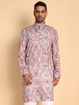 Chinoiserie digital print knee length kurta mandarin collar mandarin collar cream small 1
