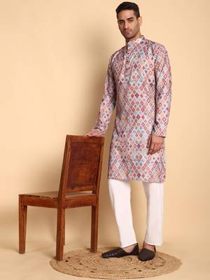 Chinoiserie digital print knee length kurta mandarin collar mandarin collar cream small 2