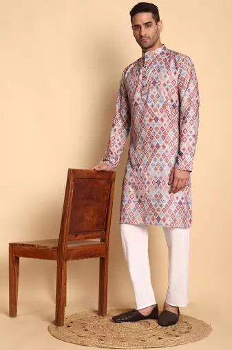 Chinoiserie digital print knee length kurta mandarin collar mandarin collar cream small