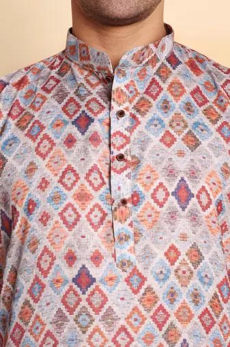 Chinoiserie digital print knee length kurta mandarin collar mandarin collar cream small