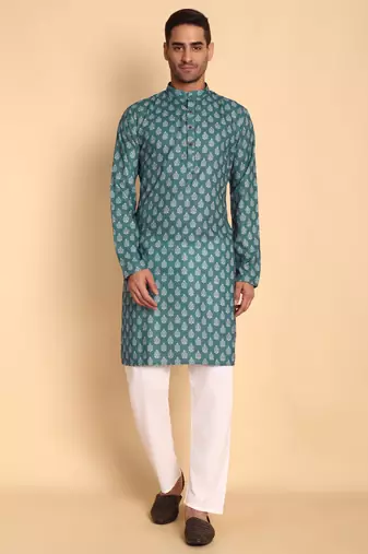 Ikat kilim digital print knee length kurta mandarin collar mandarin collar grey small