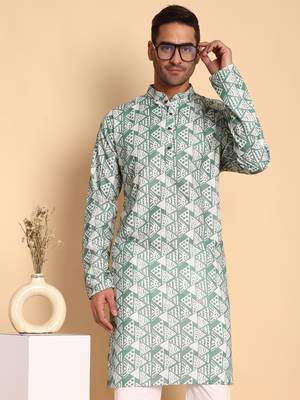 Retro fleur de lis digital print knee length kurta mandarin collar mandarin collar teal small 1