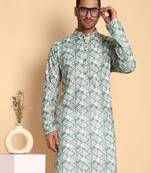 Retro fleur de lis digital print knee length kurta mandarin collar mandarin collar teal small