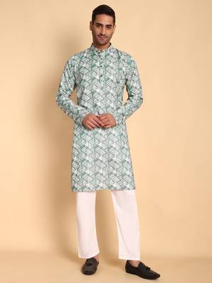Retro fleur de lis digital print knee length kurta mandarin collar mandarin collar teal small 2