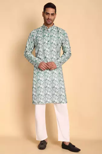 Retro fleur de lis digital print knee length kurta mandarin collar mandarin collar teal small