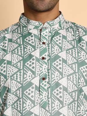 Retro fleur de lis digital print knee length kurta mandarin collar mandarin collar teal small 3