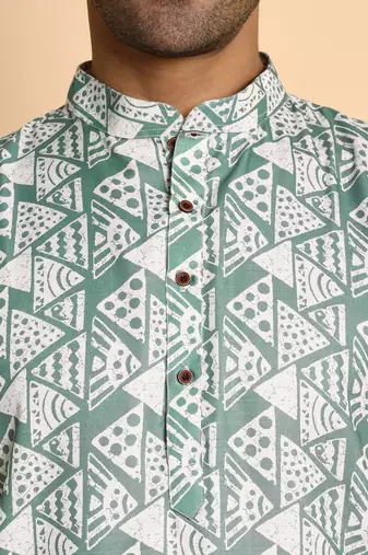 Retro fleur de lis digital print knee length kurta mandarin collar mandarin collar teal small