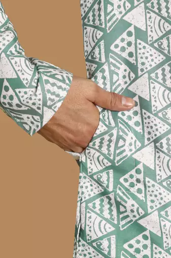 Retro fleur de lis digital print knee length kurta mandarin collar mandarin collar teal small