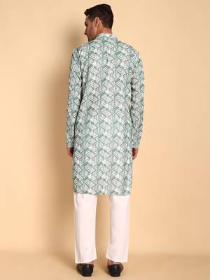 Retro fleur de lis digital print knee length kurta mandarin collar mandarin collar teal small 5