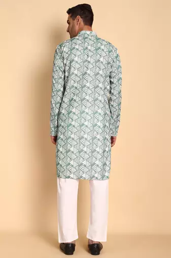 Retro fleur de lis digital print knee length kurta mandarin collar mandarin collar teal small