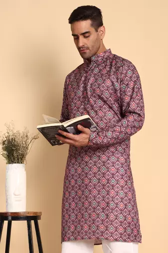 Hammock ogee digital print knee length kurta mandarin collar mandarin collar grey small