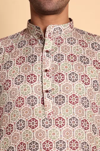 Moroccan damask digital print knee length kurta mandarin collar mandarin collar maroon small