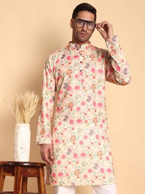 Rustic deco tie digital print knee length kurta mandarin collar mandarin collar cream small 1