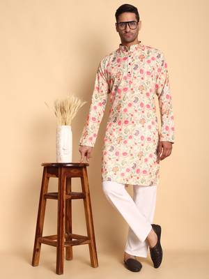 Rustic deco tie digital print knee length kurta mandarin collar mandarin collar cream small 2