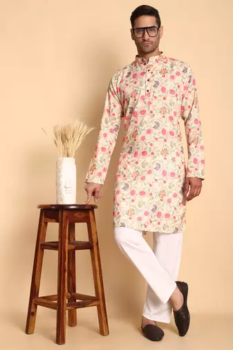 Rustic deco tie digital print knee length kurta mandarin collar mandarin collar cream small