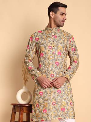 Art nouveau batik digital print knee length kurta mandarin collar mandarin collar chikoo small 1