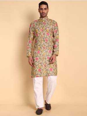 Art nouveau batik digital print knee length kurta mandarin collar mandarin collar chikoo small 2