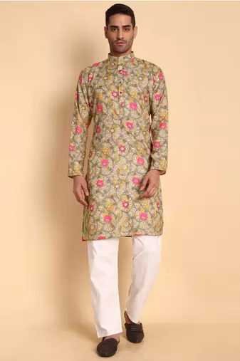 Art nouveau batik digital print knee length kurta mandarin collar mandarin collar chikoo small