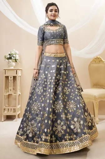 Women's Grey Art Silk Sequins with Foil & Zari Embroidered Lehenga Choli & Dupatta