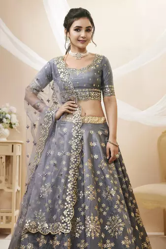Women's Grey Art Silk Sequins with Foil & Zari Embroidered Lehenga Choli & Dupatta