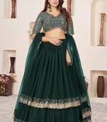 Women's Green Georgette Sequins Zari Embroidered Lehenga Choli & Dupatta