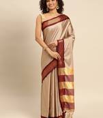 Beige art silk saree with maroon zari border