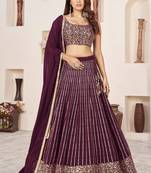 Women's Wine Georgette Sequins Zari Embroidered Lehenga Choli & Dupatta