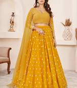 Women's Yellow Georgette Multi Colored Thread with Sequins Embroidered Lehenga Choli & Dupatta