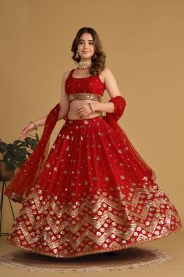 Women's Red Georgette Sequins Zari Embroidered Lehenga Choli & Dupatta 2