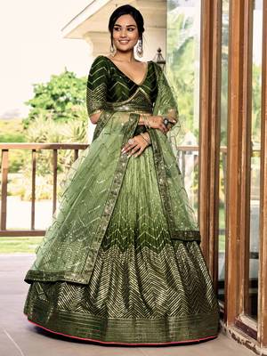 Women's Green Chinon Sequins Thread Embroidered Lehenga Choli & Dupatta 1