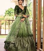 Women's Green Chinon Sequins Thread Embroidered Lehenga Choli & Dupatta