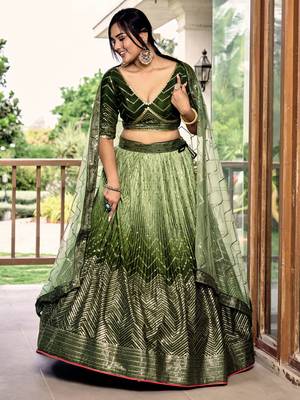 Women's Green Chinon Sequins Thread Embroidered Lehenga Choli & Dupatta 2
