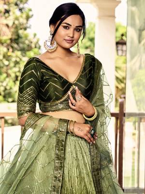 Women's Green Chinon Sequins Thread Embroidered Lehenga Choli & Dupatta 3