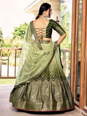 Women's Green Chinon Sequins Thread Embroidered Lehenga Choli & Dupatta 4