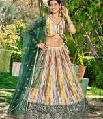 Women's Green Chinon Digital Print with Sequins Zari Embroidered Lehenga Choli & Dupatta