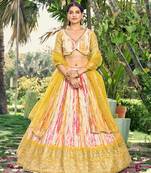 Women's Yellow Chinon Digital Print with Sequins Zari Embroidered Lehenga Choli & Dupatta