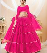 Women's Pink Georgette Leheriya Printed with Lace Work Lehenga Choli & Dupatta