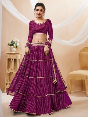 Women's Purple Georgette Leheriya Printed with Lace Work Lehenga Choli & Dupatta 1