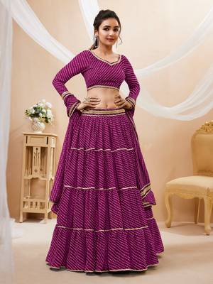 Women's Purple Georgette Leheriya Printed with Lace Work Lehenga Choli & Dupatta 2